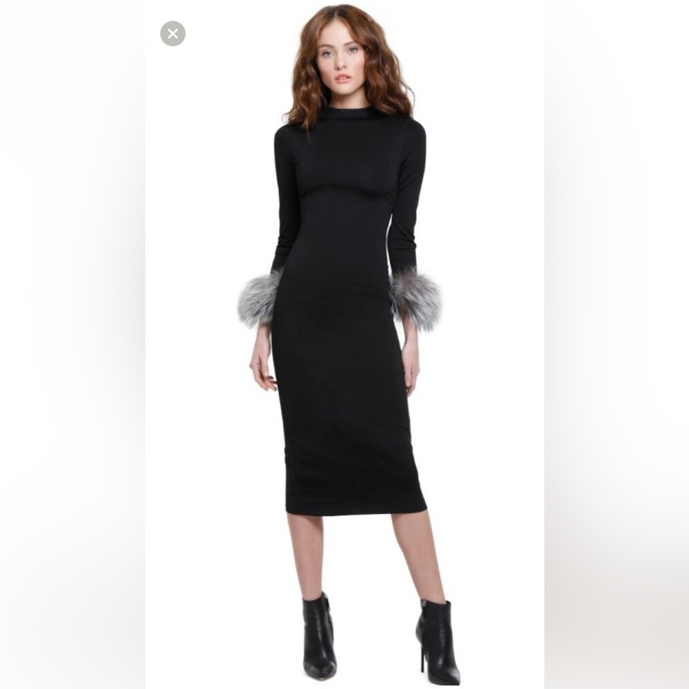Alice + Olivia Delora Dress with Fox Fur Cuffs
